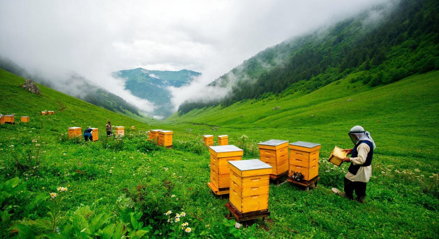 A lush green valley in Artvin with golden beehives nestled among wildflowers, surrounded by misty mountains, and a beekeeper in traditional Turkish attire carefully harvesting honey.