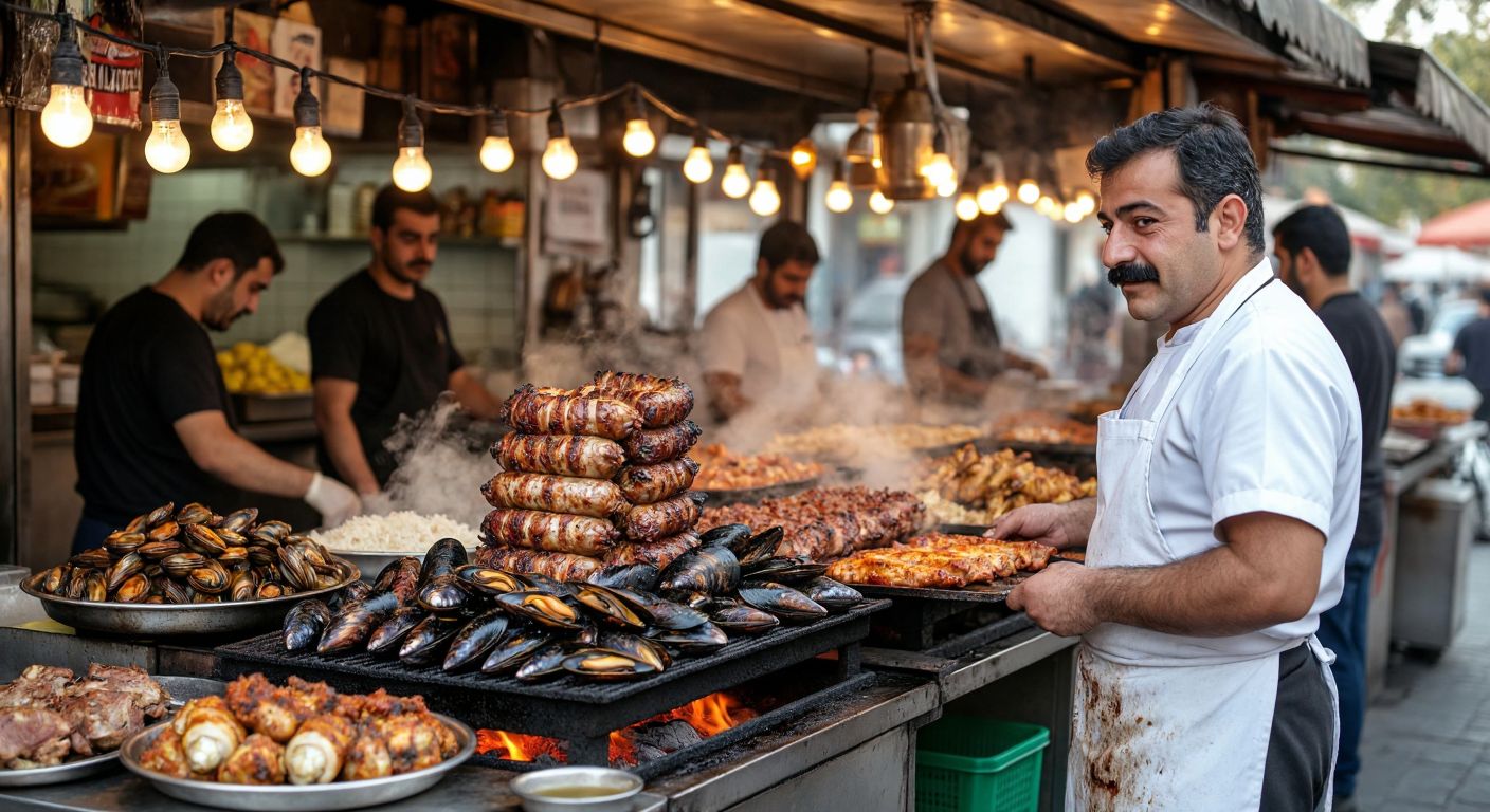 A bustling Tarsus street food stall with sizzling kokoreç on the grill, stacked mussel shells, steaming şırdan, and golden roasted chicken, while a mustachioed man in a white apron (Aykut Kaya) warmly serves customers under a string of bare bulbs.