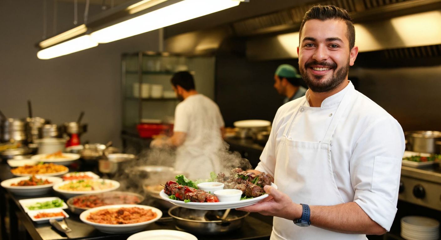 A Turkish chef in a white apron smiling proudly while holding a plate of steaming kebabs, surrounded by a bustling restaurant kitchen with colorful dishes ready for delivery.