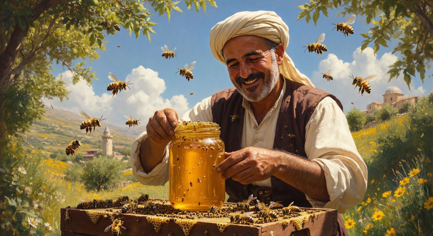 A golden jar of honey surrounded by buzzing bees, with a Turkish beekeeper in traditional attire smiling as he inspects a honeycomb under the warm Anatolian sun.