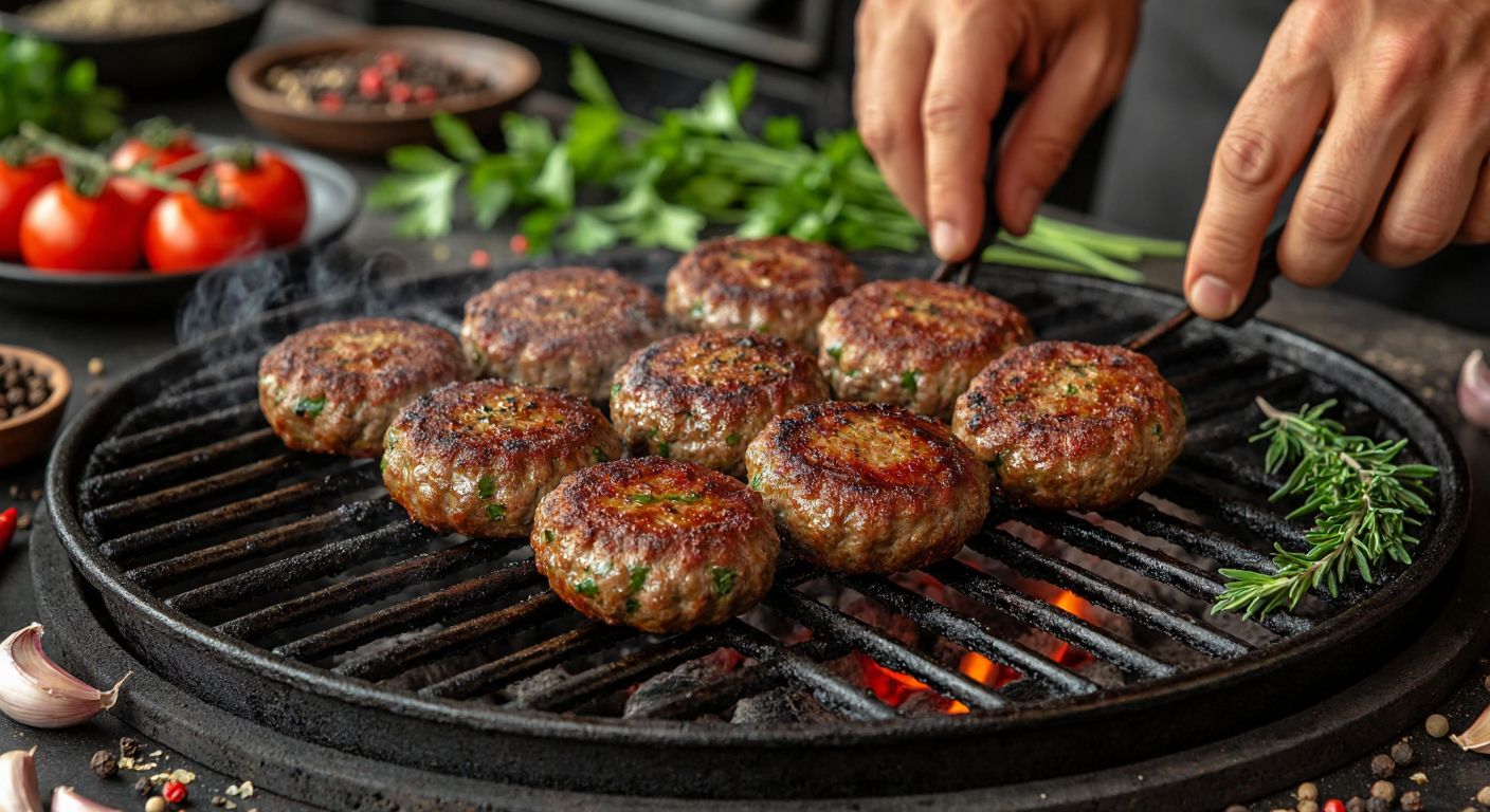 A close-up of sizzling, golden-brown **Tekirdağ köftesi** on a charcoal grill, surrounded by fresh herbs and spices like cumin and black pepper, with a Turkish chef’s hands skillfully shaping the meat mixture nearby.