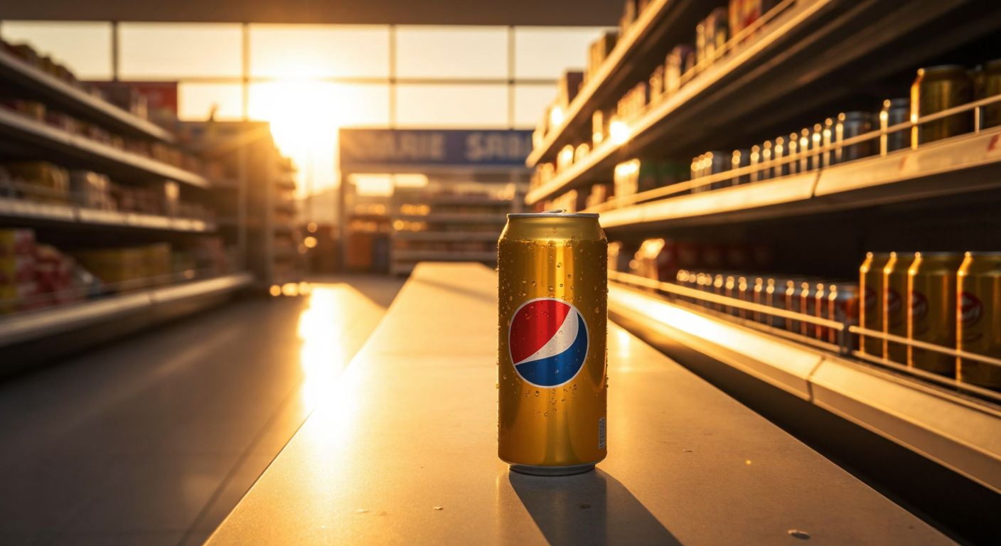 A lone can of Pepsi Gold sitting on an empty supermarket shelf in Turkey, bathed in warm sunset light, with a faint layer of dust suggesting abandonment.