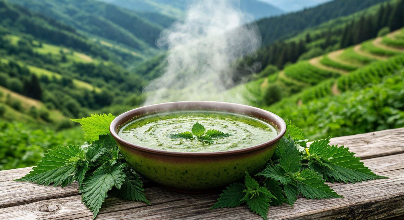 A steaming bowl of vibrant green **ısırgan çorbası** (nettle soup) on a rustic wooden table, surrounded by fresh nettle leaves and a backdrop of lush green hills evoking the Black Sea region of **Trabzon**.