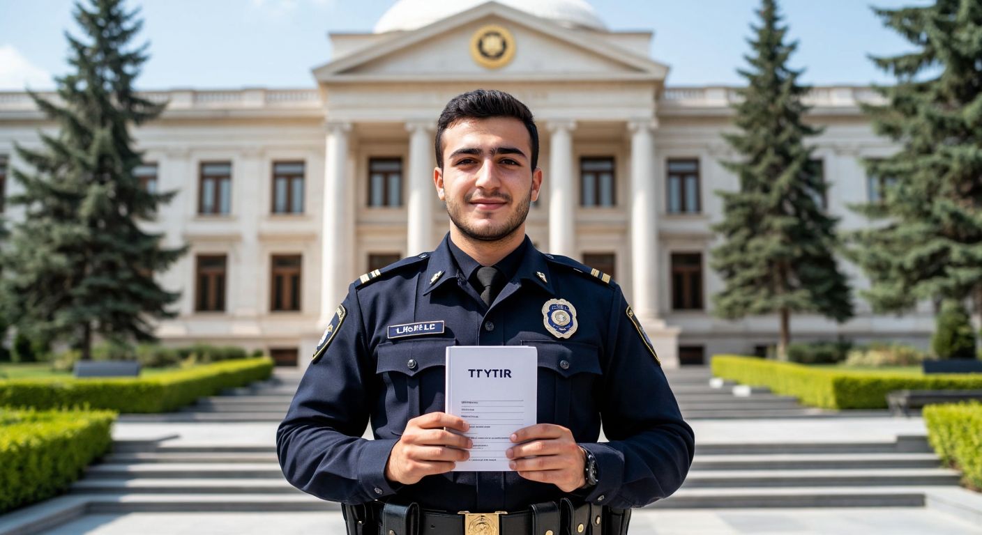 A young Turkish man in a crisp police uniform stands proudly in front of a government building, holding a TYT exam booklet with a hopeful expression.