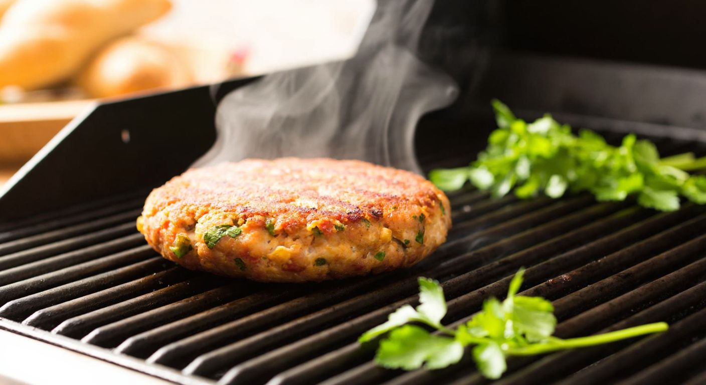 A golden-brown chicken burger patty sizzling on a grill, with steam rising and fresh herbs scattered nearby, set against a warm kitchen backdrop in Turkey.