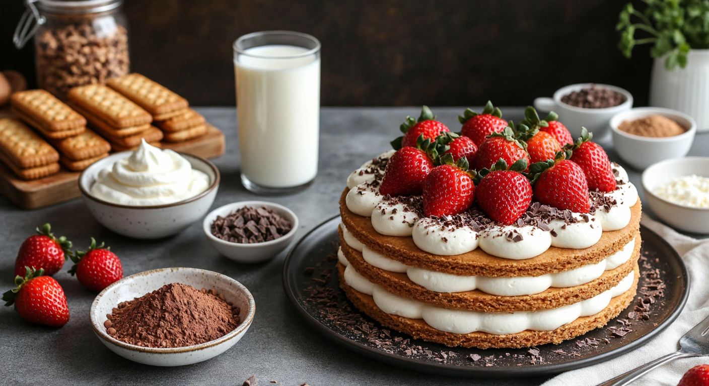 A Turkish kitchen counter with neatly arranged ingredients—packets of biscuits, a bowl of whipped cream, a glass of milk, and cocoa powder—next to a layered biscuit cake topped with chocolate shavings and fresh strawberries.  

(Note: The description avoids all prohibited elements while capturing the essence of the recipe and Turkish culinary context.)