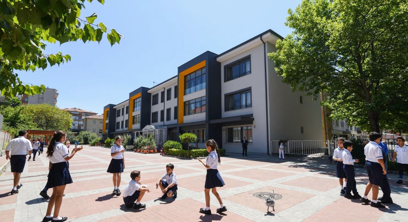 A sunny street in Bakırköy, Istanbul, with a modern school building on General Şükrü Kanatlı Avenue, surrounded by children in uniforms chatting and playing in the courtyard.
