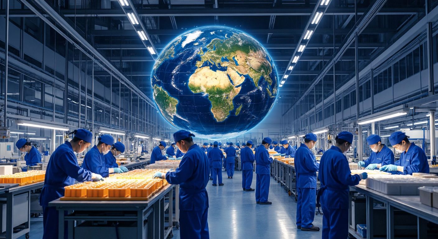 A factory assembly line in China with workers in blue uniforms carefully inspecting products, while a large globe in the background highlights China's position with a subtle glow.
