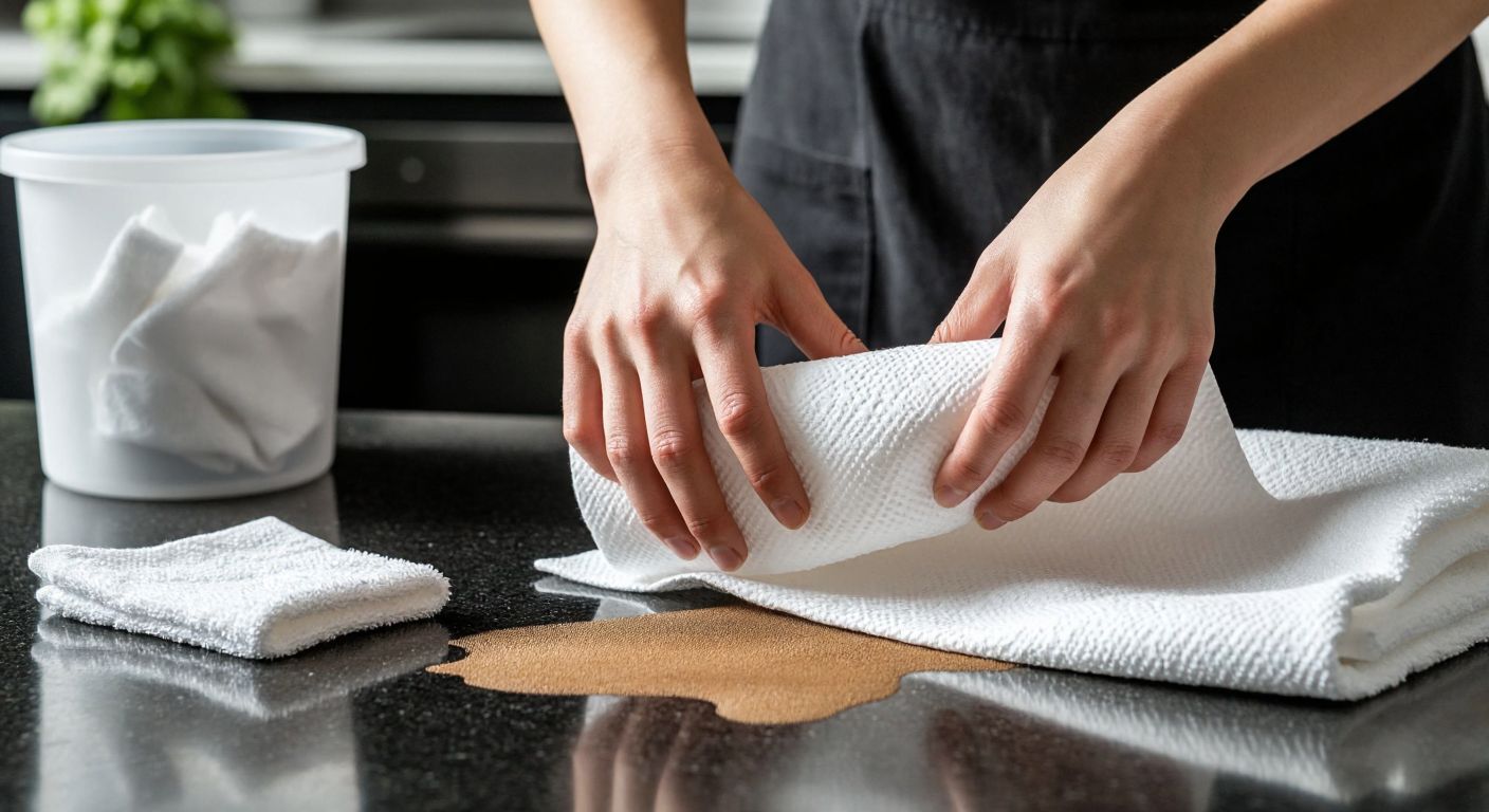 A close-up of a person's hands pressing a thick, white paper towel onto a greasy stain on a fabric, with a small pile of used towels nearby and a trash bin in the background.
