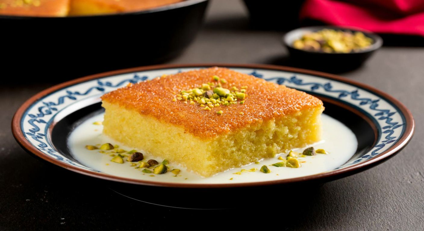 A golden-brown revani dessert soaked in creamy cow's milk, garnished with crushed pistachios, resting on a traditional Turkish ceramic plate with a warm kitchen backdrop.