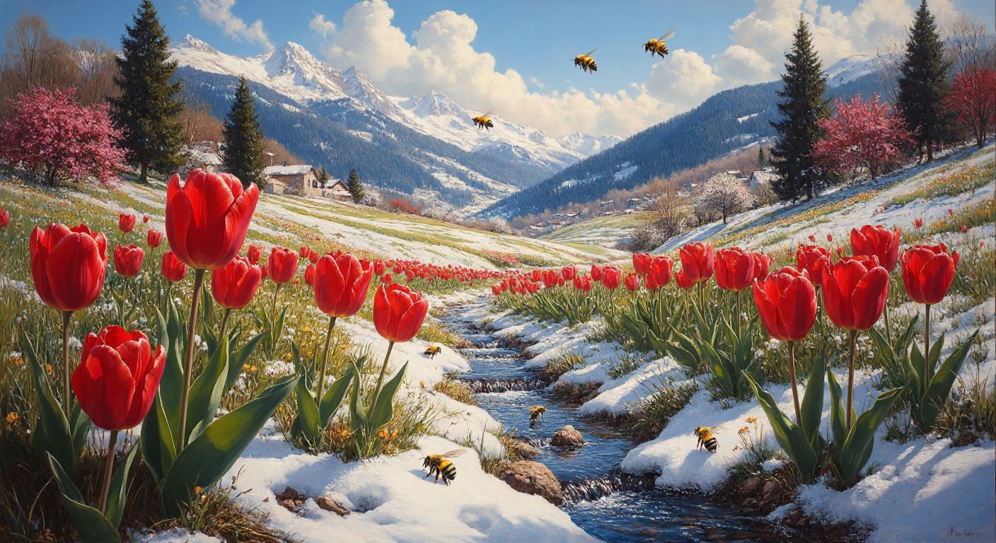 A vibrant Turkish spring meadow dotted with blooming red tulips under a warm sun, melting snow trickling into a small stream, and bees buzzing around the fresh blossoms.