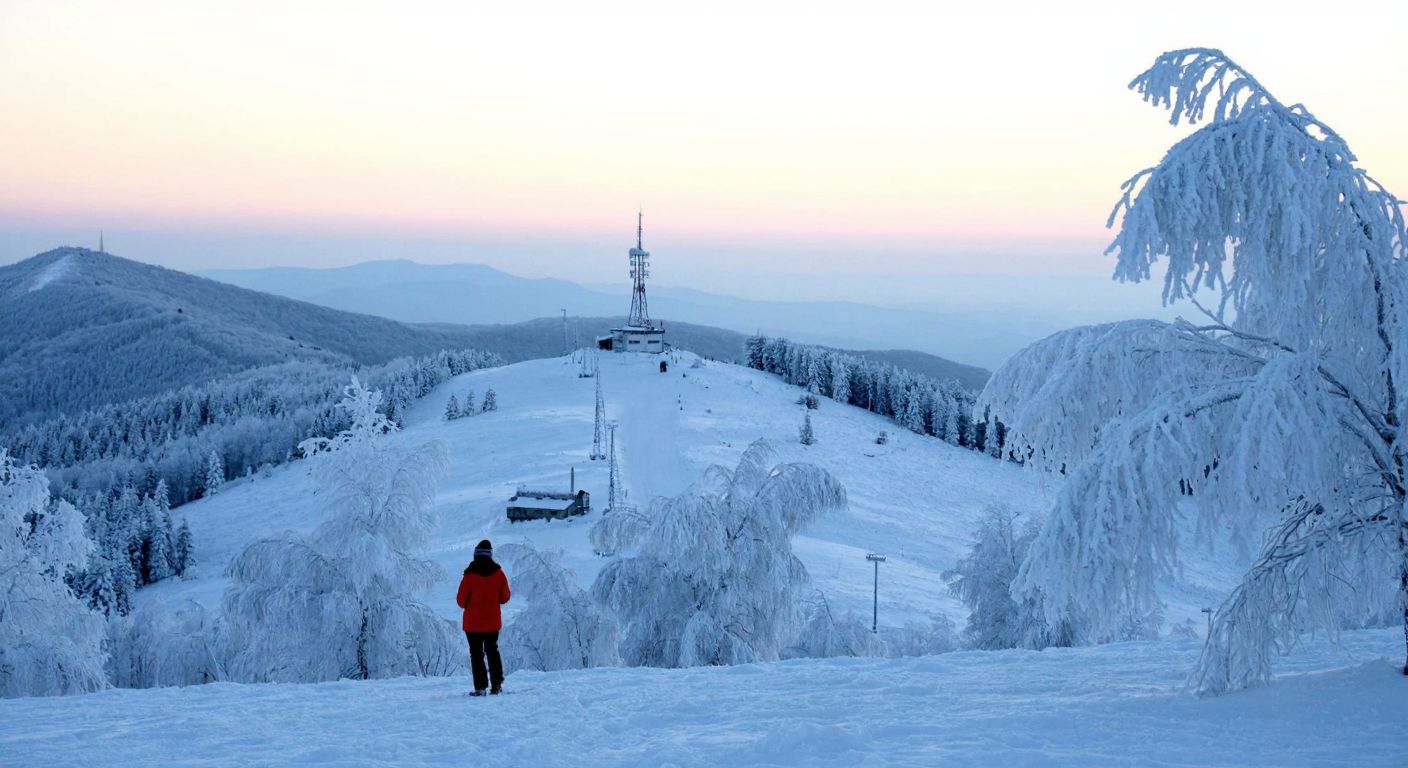 A snowy mountain landscape in Ladik, Samsun, with frost-covered trees and a lone figure bundled in warm clothing gazing at a distant weather station under a pale winter sky.