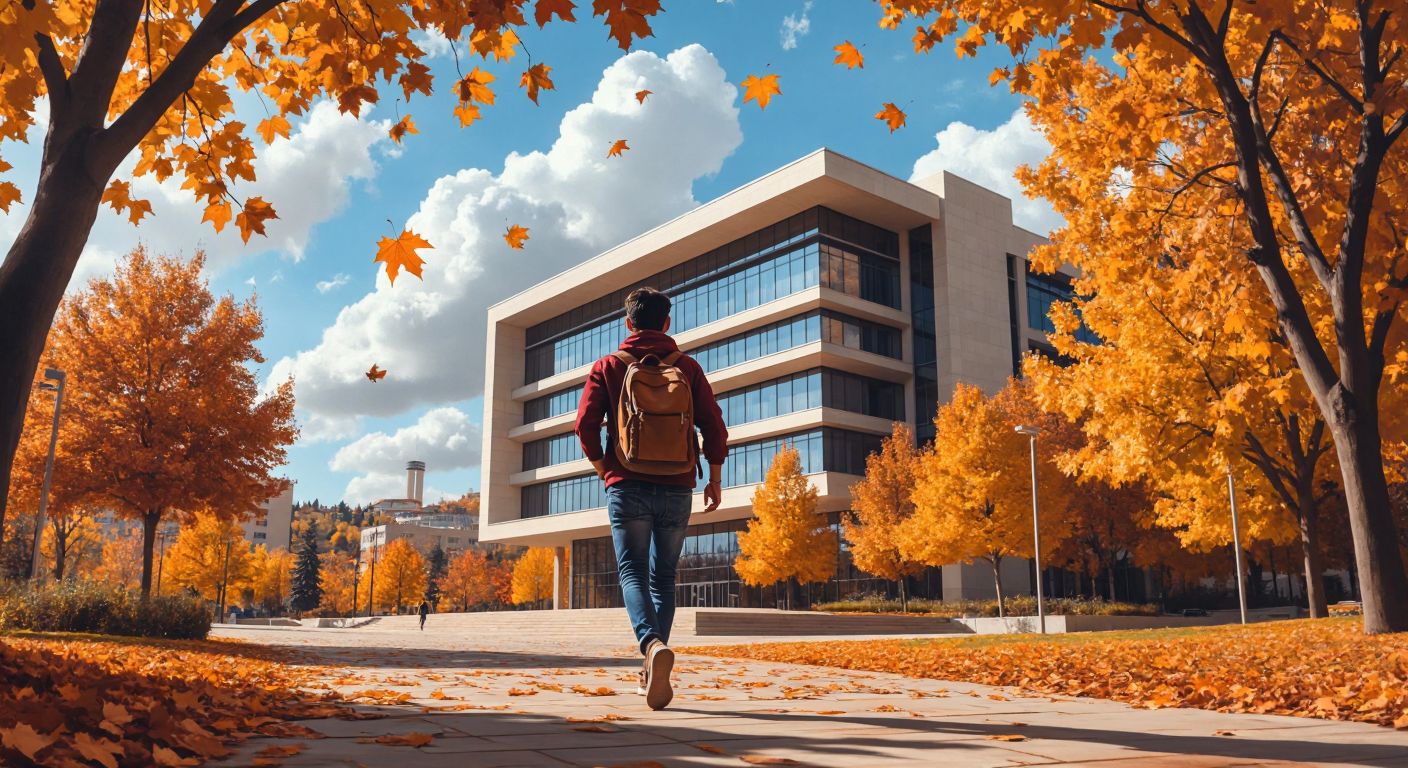 A determined student with a backpack walking briskly toward a modern university building under a bright Ankara sky, surrounded by autumn leaves.
