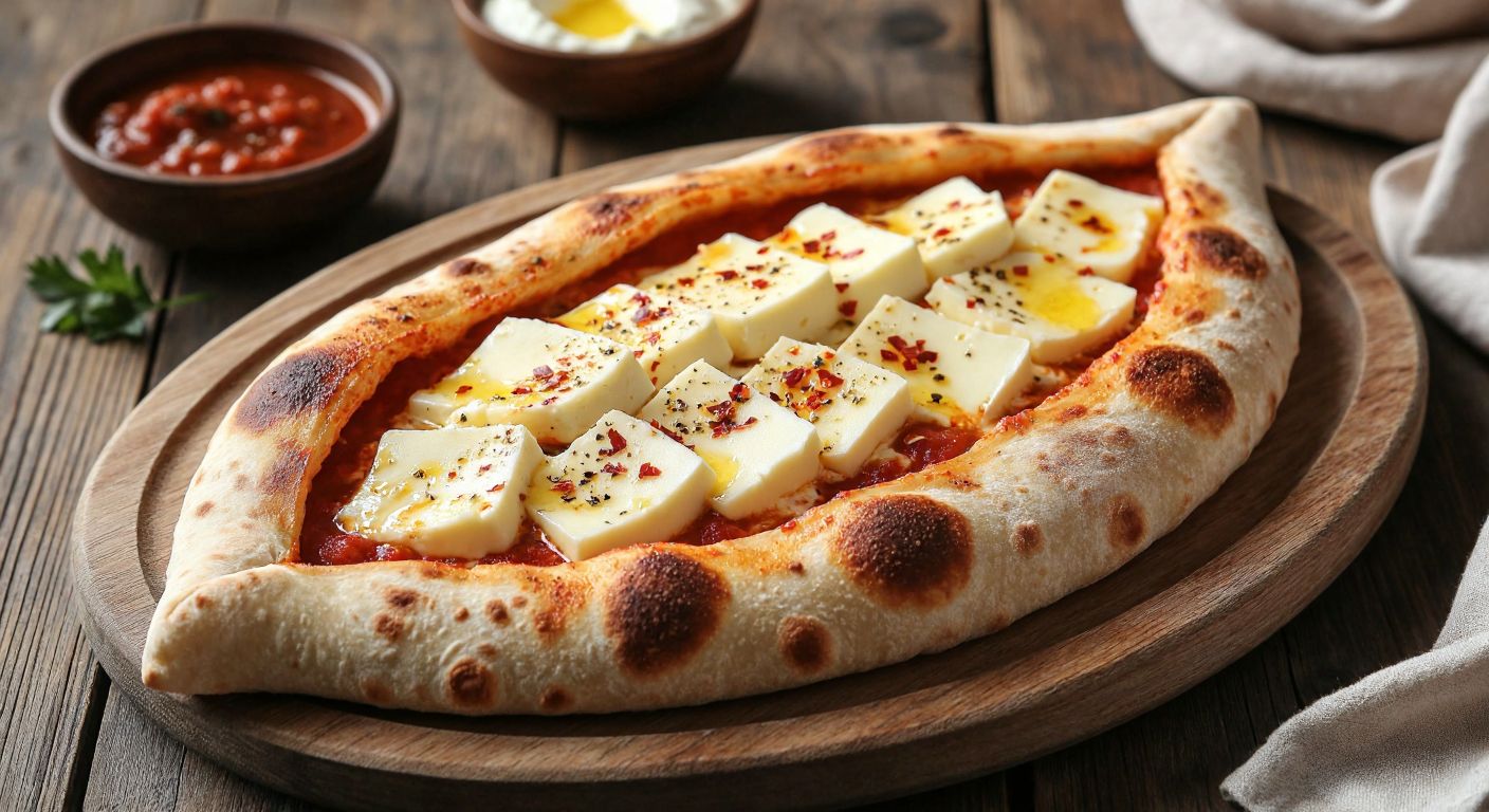 A warm, golden-brown lavaş bread filled with thinly sliced Diyarbakır lavaş cheese, drizzled with melted butter and sprinkled with red pepper flakes, resting on a rustic wooden table alongside a traditional Turkish breakfast spread.