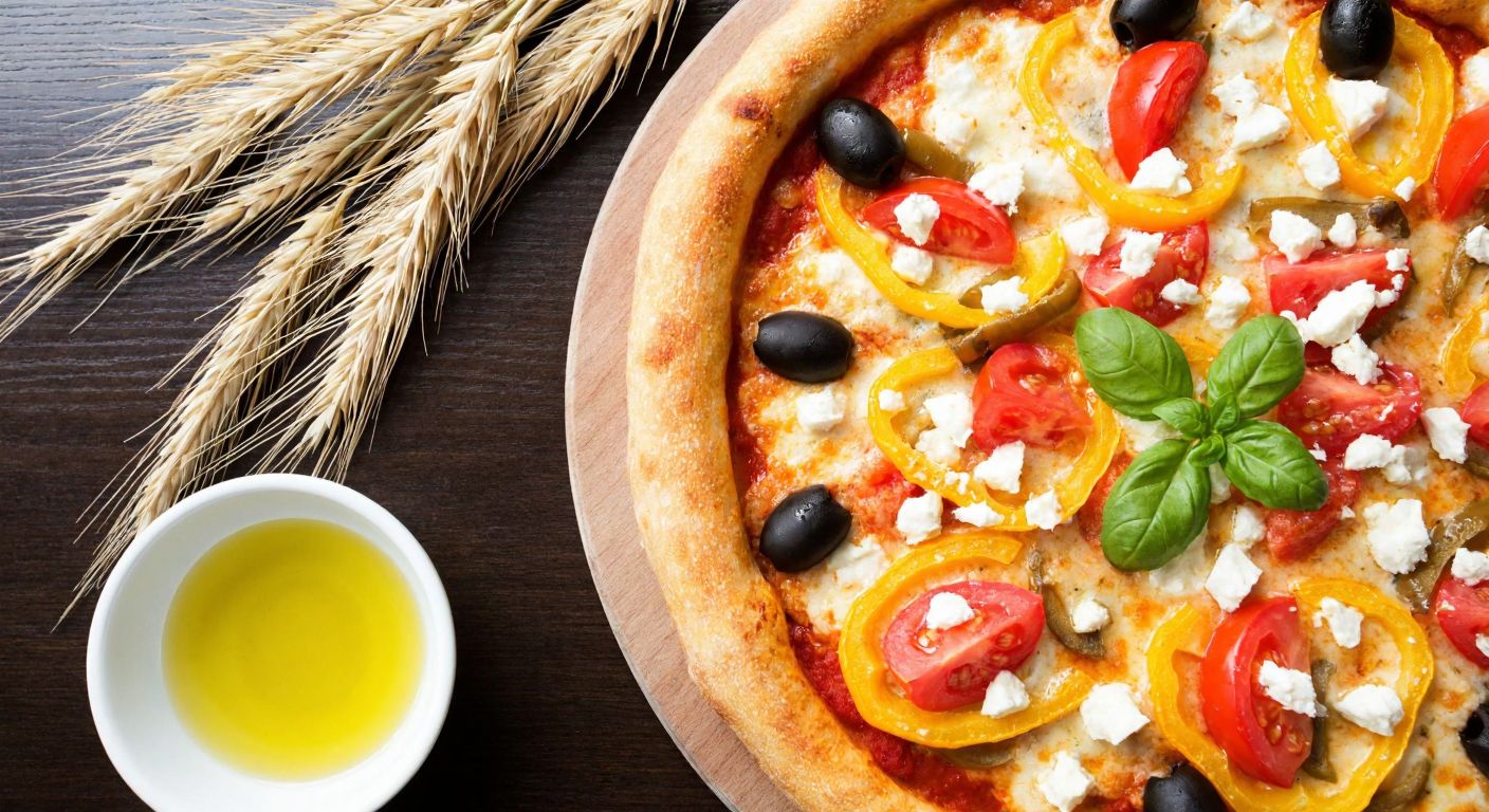 A golden-brown pizza topped with fresh vegetables like tomatoes, peppers, and olives, sprinkled with crumbled white cheese, resting on a wooden table next to a small bowl of olive oil and a bundle of wheat stalks.