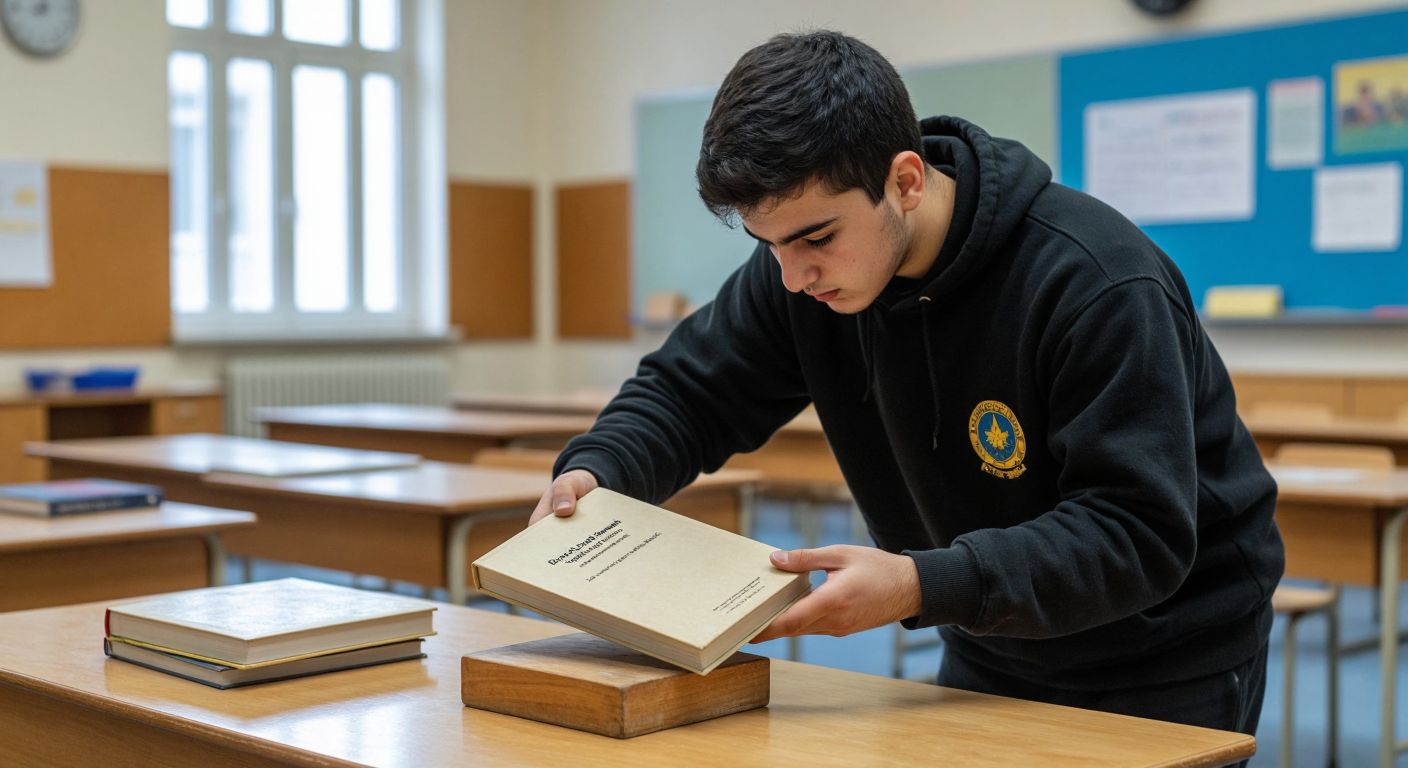 A Turkish student in a classroom carefully places a heavy textbook on a small wooden block, observing how it sinks slightly, while another textbook rests flat on a wide table, demonstrating pressure's dependence on weight and surface area.