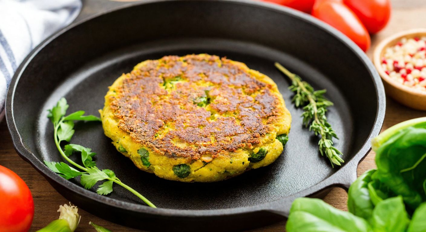 A golden-brown pea protein patty sizzling on a cast-iron pan, surrounded by fresh herbs and vibrant vegetables, evoking a wholesome, gluten-free Turkish meal.