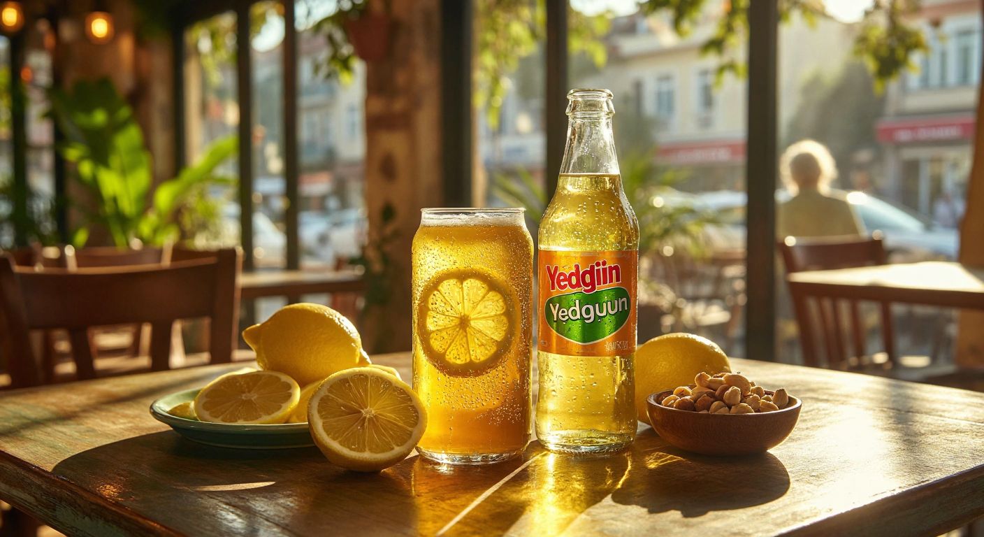A vibrant Turkish café table with a chilled Yedigün soda can and a glass bottle side by side, condensation glistening under warm sunlight, surrounded by fresh lemon slices and a small bowl of salted nuts.