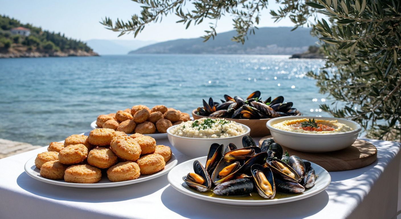 A sunlit seaside table in Kavala, Greece, displays a spread of golden-brown Kavala cookies, a steaming plate of midye pilav with fresh mussels, crispy stuffed calamari, grilled mackerel (gouna), and a creamy fava dip, surrounded by olive branches and a glimpse of the Aegean Sea.