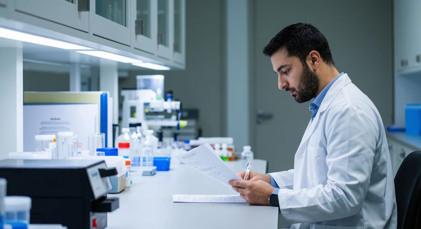 A focused Turkish researcher in a white lab coat reviews clinical trial documents in a modern medical laboratory, surrounded by test tubes and scientific equipment.