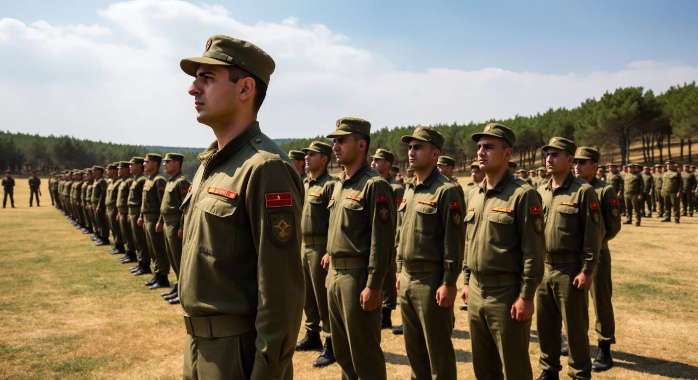 A group of disciplined Turkish military recruits in olive-green uniforms stand at attention on a sunlit training field in Çanakkale, with an instructor demonstrating proper stance nearby.