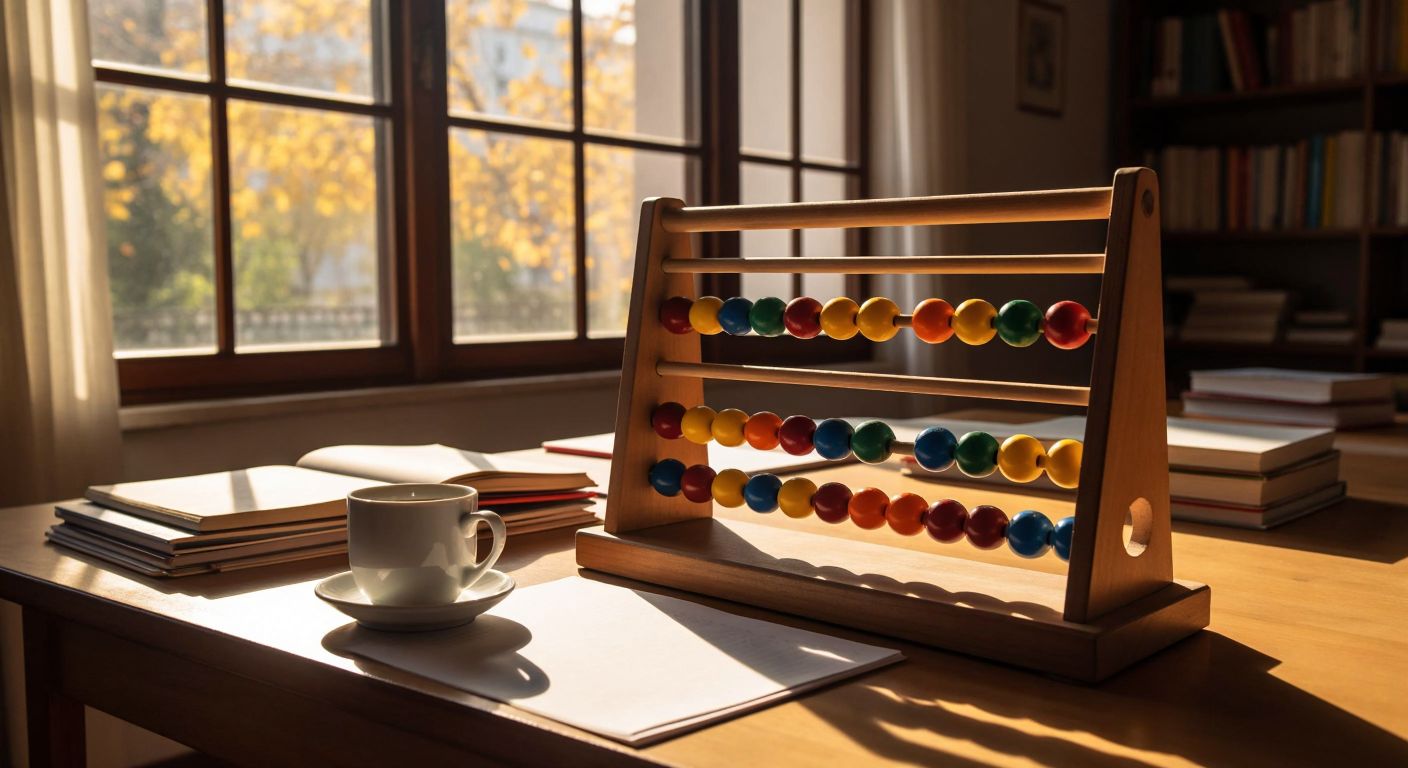 A wooden abacus with colorful beads sits on a sunlit desk in a Turkish classroom, surrounded by neatly stacked notebooks and a steaming cup of çay, as a student's hand points to the beads representing the numbers 1, 2, and 3.