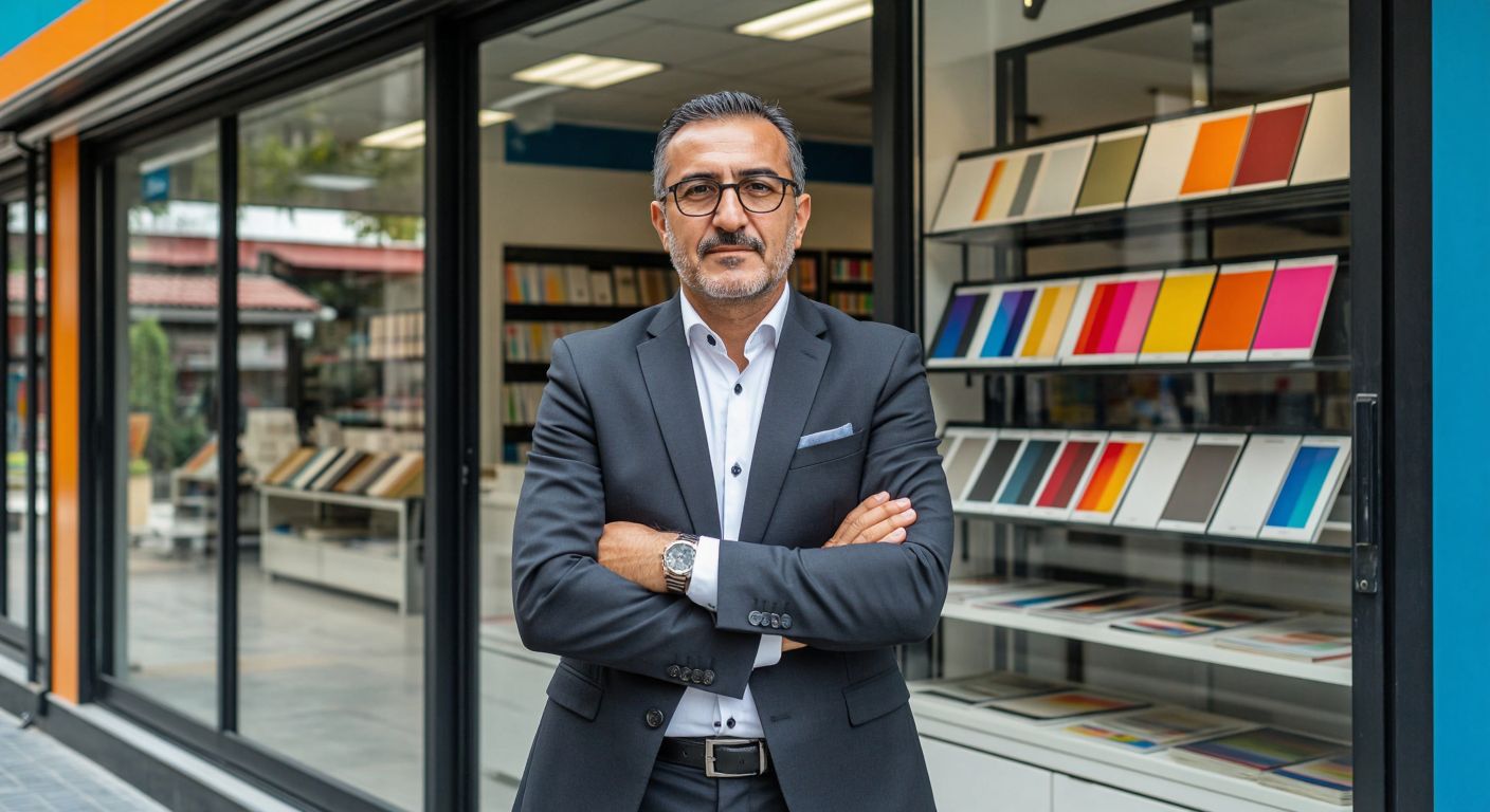 A confident middle-aged Turkish businessman in a sharp suit stands proudly in front of a modern printing shop with vibrant color samples displayed in the windows.