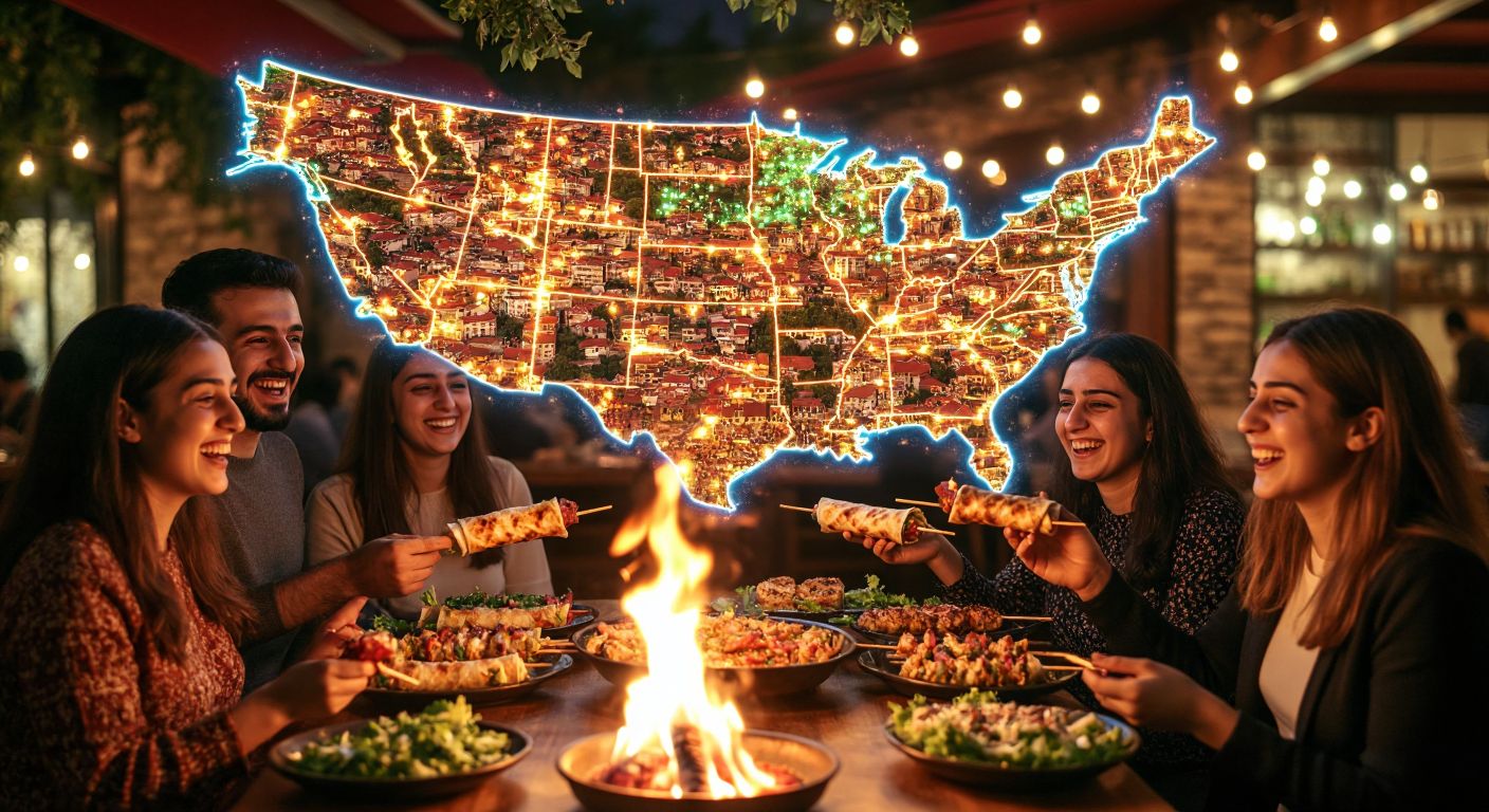 A vibrant map of Turkey with glowing dots marking the cities of Adana, Ankara, and Istanbul, surrounded by sizzling dürüm wraps on skewers and people of diverse Turkish appearances smiling as they enjoy the food.
