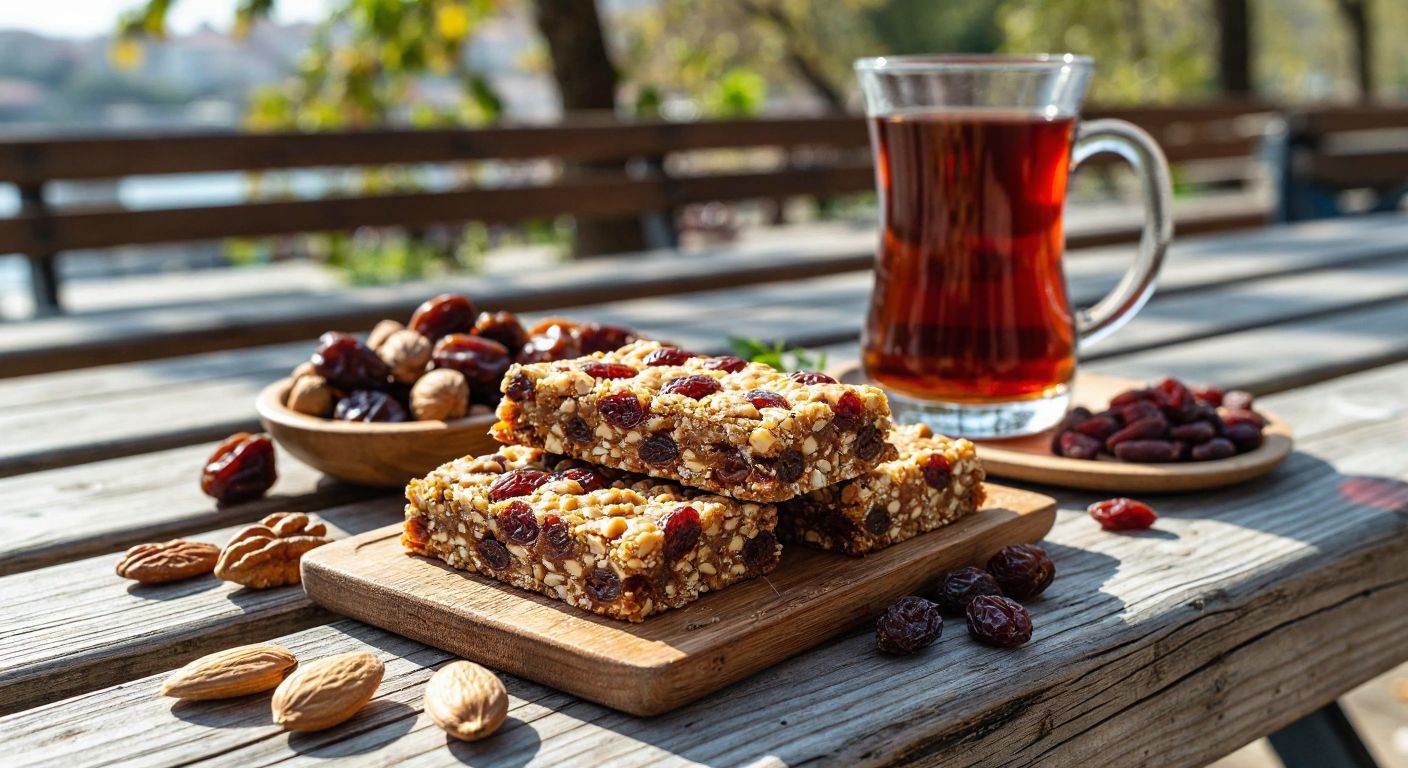 A vibrant, hand-held **Go Ahead Bar** with visible raisins and nuts, resting on a wooden picnic table beside a glass of fresh Turkish tea, surrounded by dried fruits and nuts in a sunlit Turkish café.