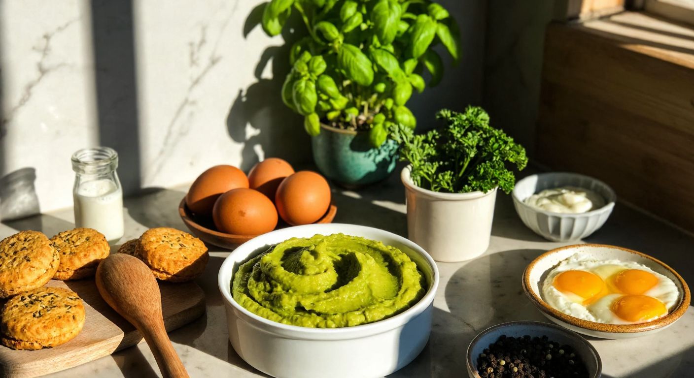 A sunlit Turkish kitchen counter displays a creamy avocado mash in a small bowl, surrounded by fresh ingredients like yogurt, goat milk biscuits, boiled egg yolks, and a sprinkle of çörek otu, with a wooden spoon resting nearby.
