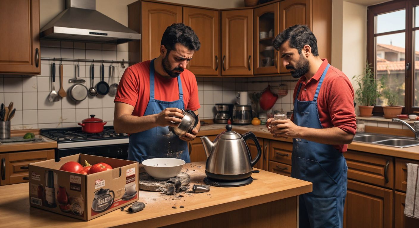 A frustrated person in a Turkish kitchen holds a broken kettle while a repairman examines it, with a new kettle in a box nearby on the counter.
