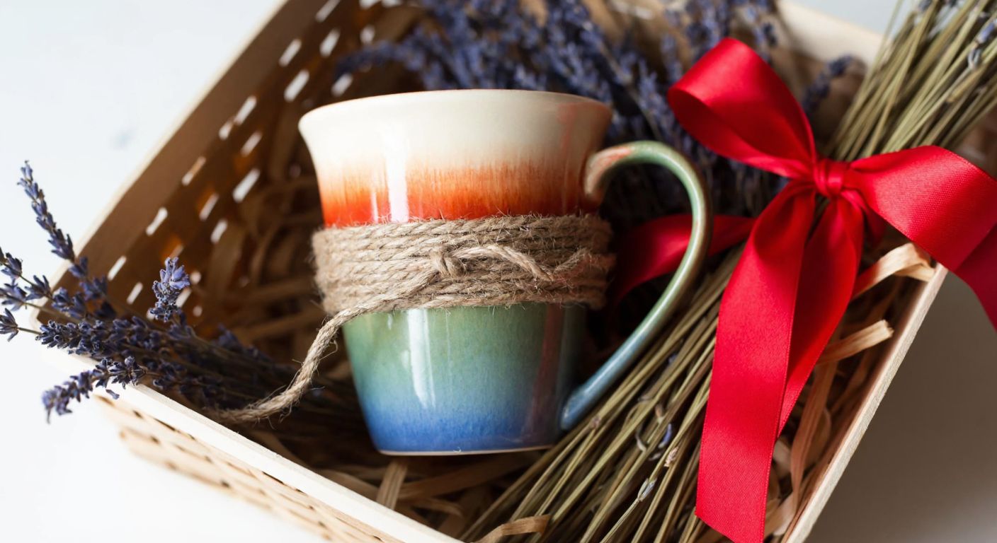 A colorful ceramic mug wrapped in rustic jute twine and placed inside a woven gift basket, surrounded by dried lavender sprigs and a bright red ribbon.