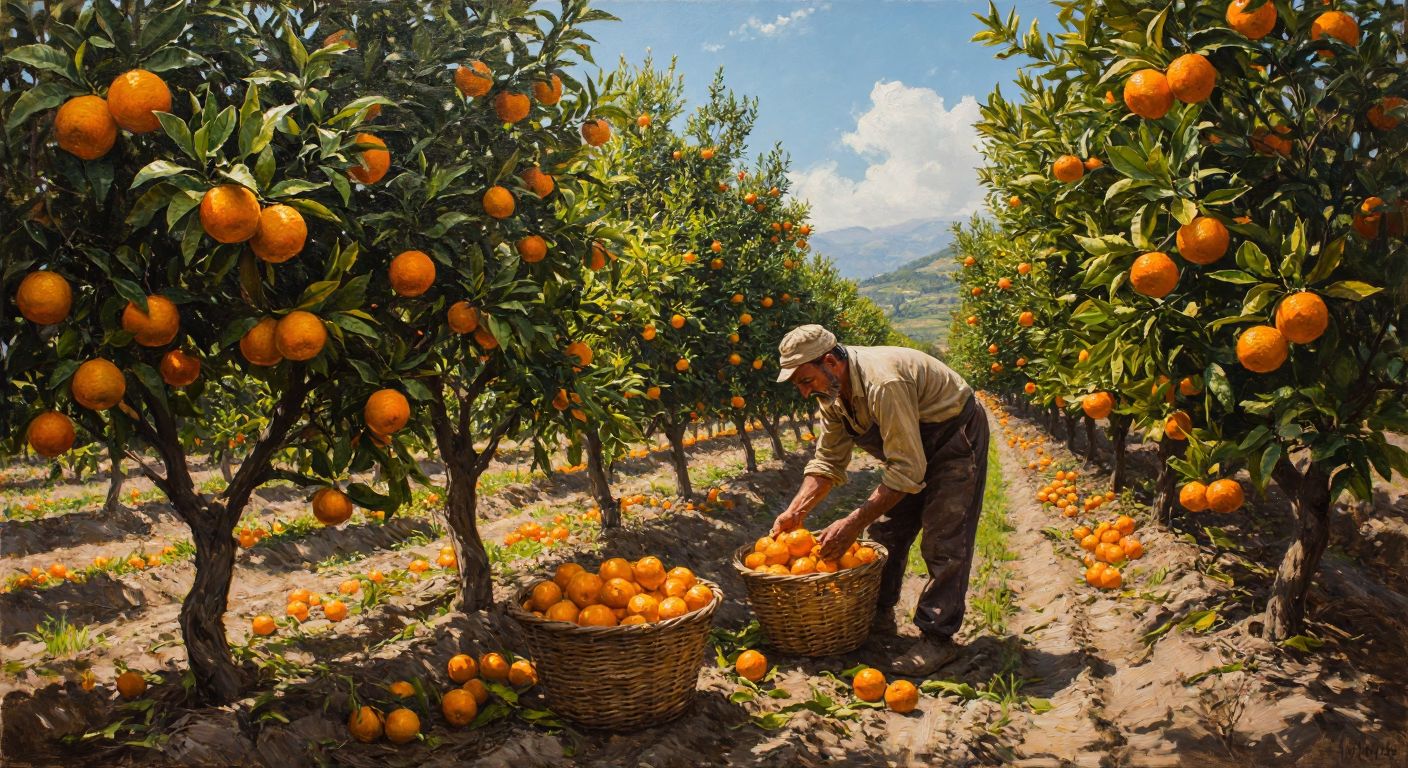 A sunlit Turkish citrus grove with rows of mandarin trees heavy with bright orange fruit, a farmer in traditional workwear carefully picking them into woven baskets, surrounded by lush green leaves and the warm glow of harvest.