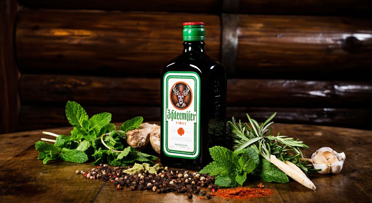 A rustic wooden table in a dimly lit tavern holds a bottle of Jägermeister surrounded by scattered fresh herbs and spices like mint, cloves, cardamom, and sage, evoking its botanical ingredients.