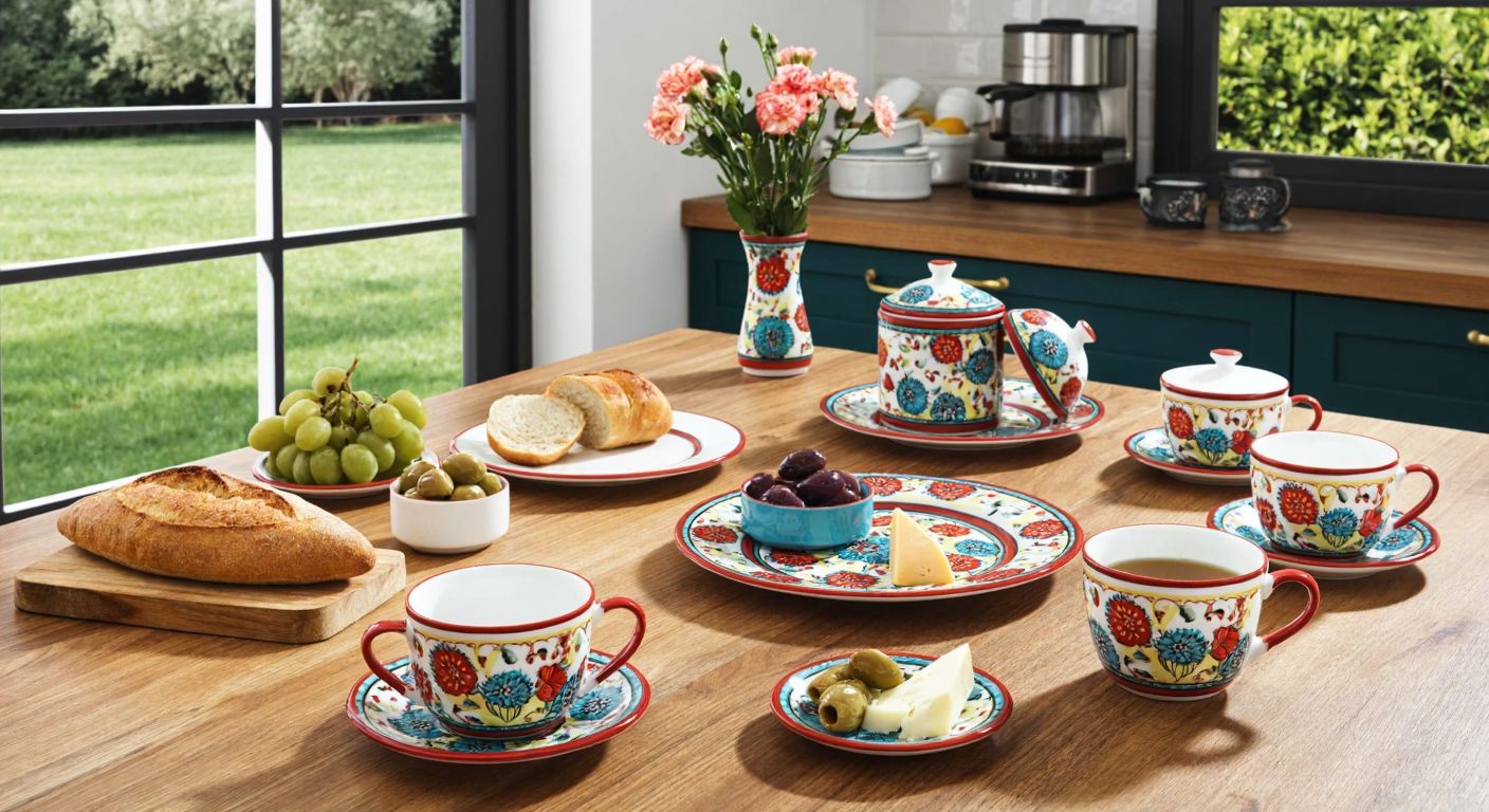 A colorful porcelain breakfast set for six, arranged neatly on a wooden table in a sunlit Turkish kitchen, with fresh bread, olives, and cheese beside it.