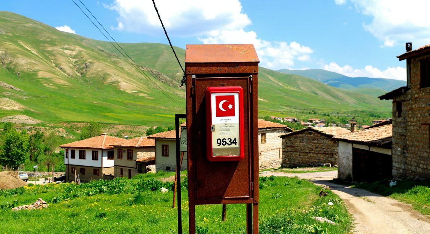 A rustic Turkish telephone booth in İskilip, surrounded by rolling green hills and traditional stone houses, with a small sign showing the number 0364.