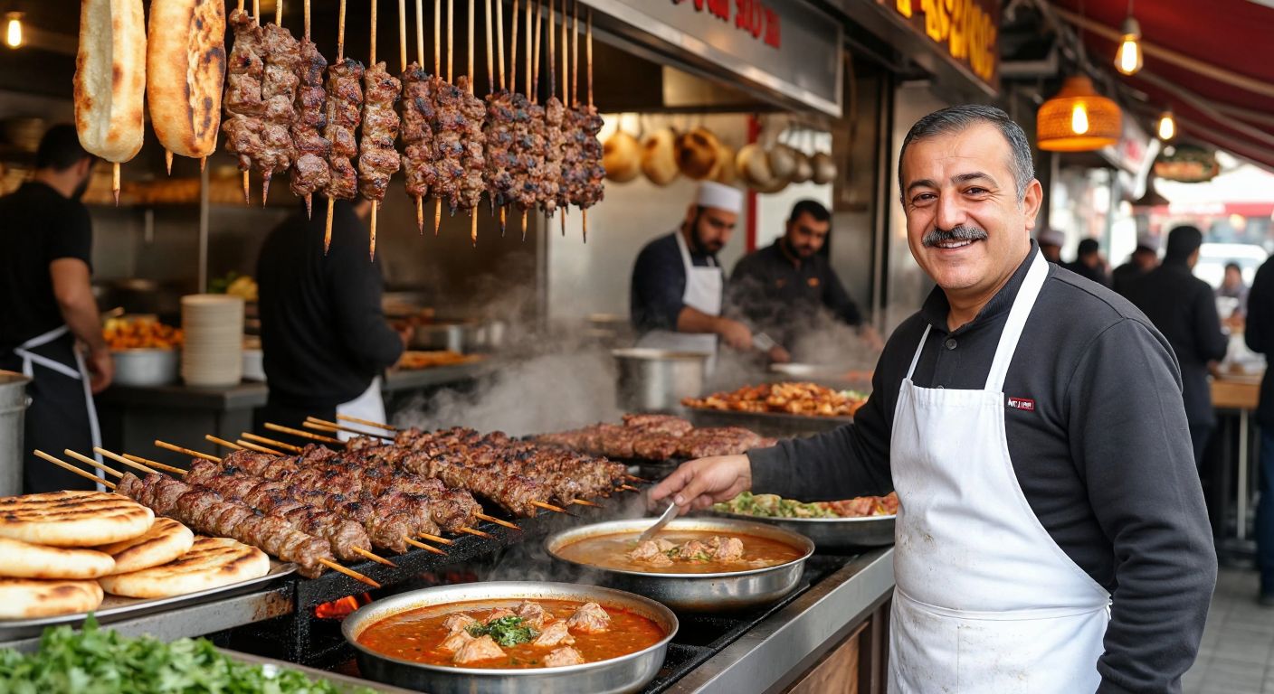 A bustling Turkish kebab restaurant with sizzling skewers of meat, warm golden bread, and a smiling middle-aged man (Cihan Baran) in a white apron greeting customers in Kocaeli, while another location features a steaming bowl of kelle paça in Muş.