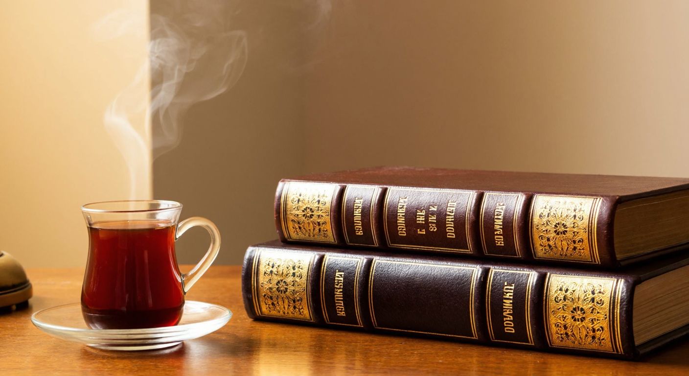 A towering stack of three antique Ottoman-style books with ornate leather bindings and gold-embossed titles, resting on a wooden desk beside a steaming cup of Turkish tea.
