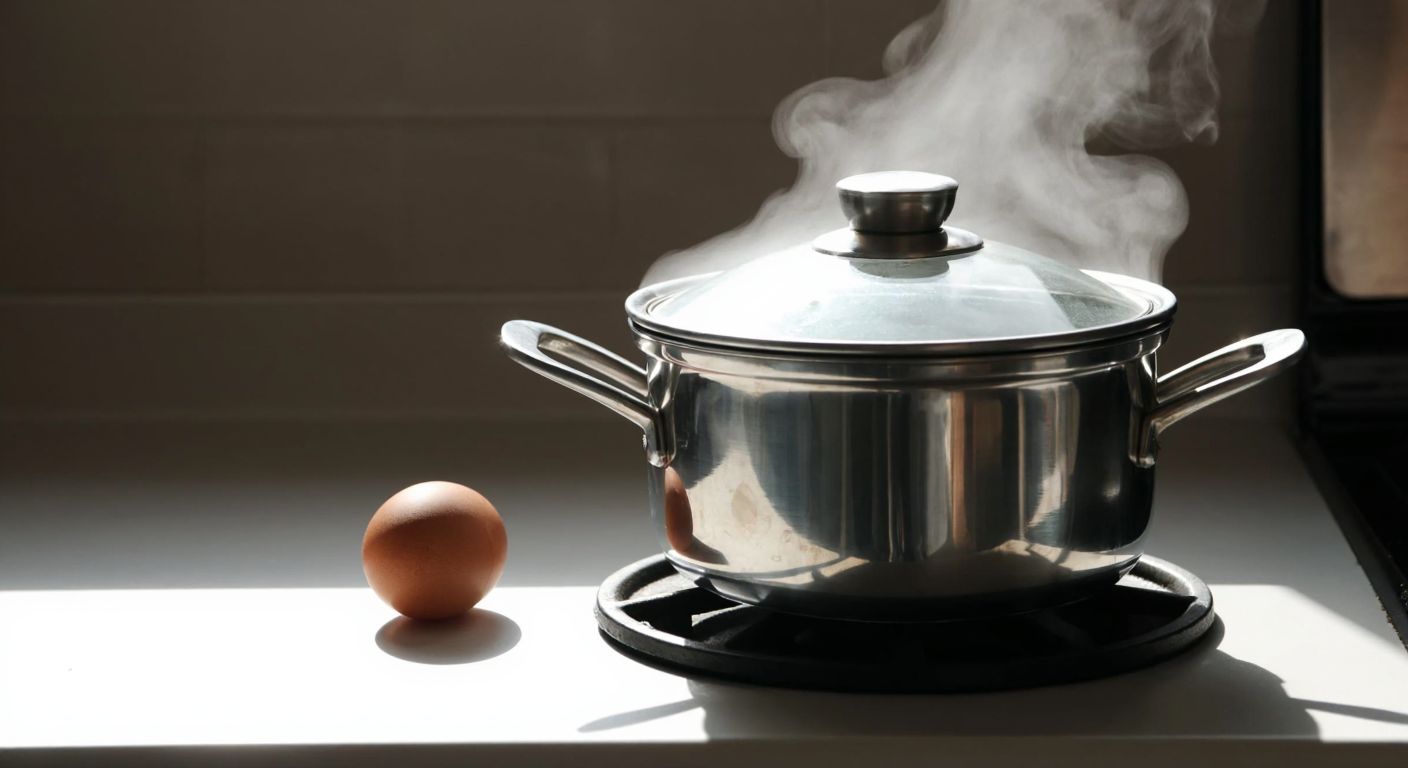 A small pot with a closed lid on a Turkish stove, steam gently escaping from the edges, with a fresh egg waiting beside it on a countertop.