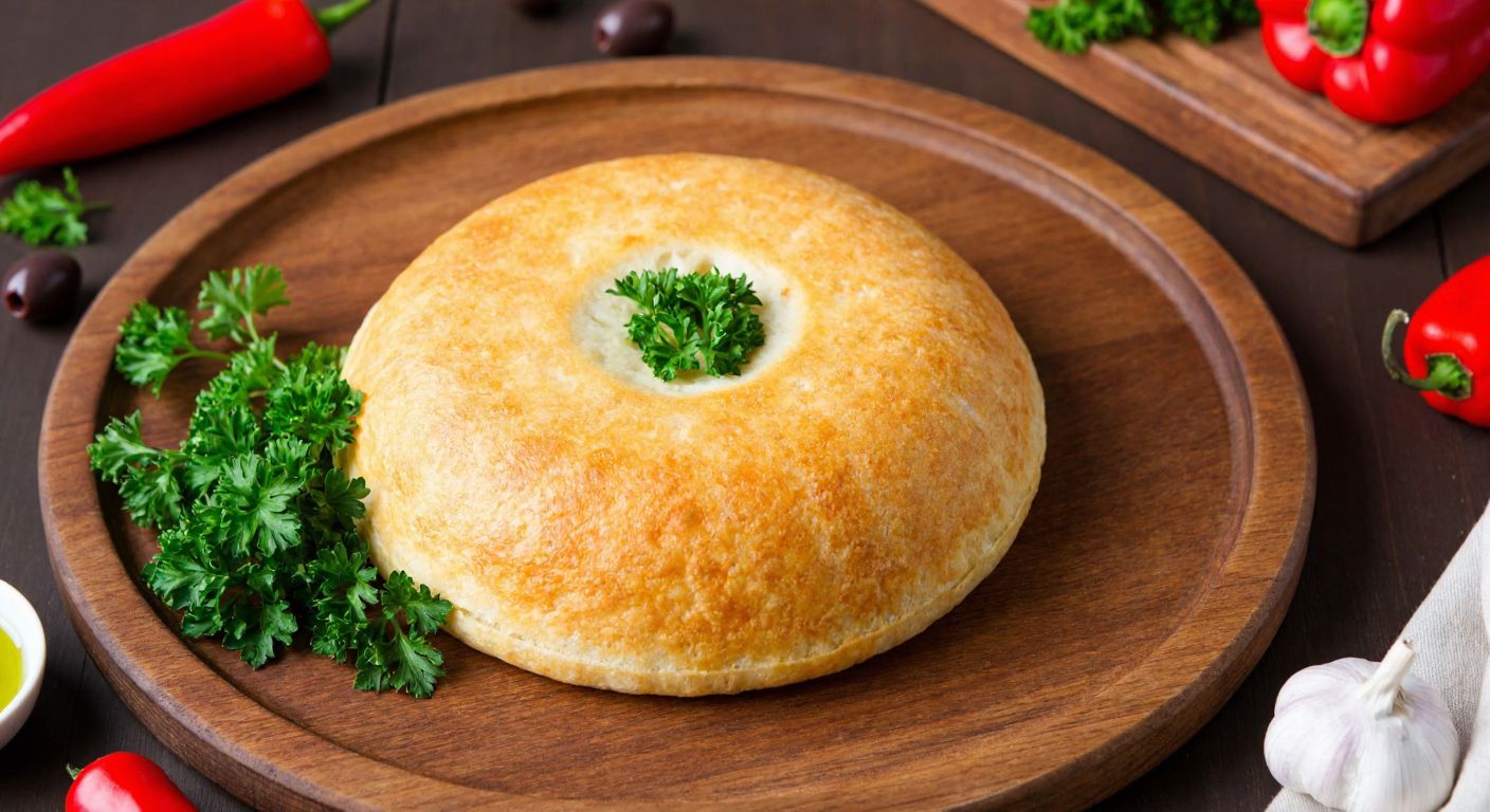 A golden-brown, round Armenian meze called *topik* sits on a rustic wooden plate, garnished with fresh parsley and surrounded by vibrant red peppers and olives.