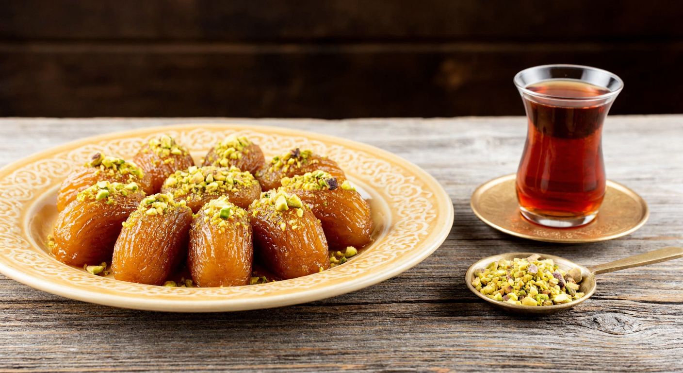 A golden-brown plate of Bağdat hurma tatlısı, garnished with crushed walnuts and pistachios, sits on a rustic wooden table beside a small cup of Turkish tea, evoking warmth and tradition.