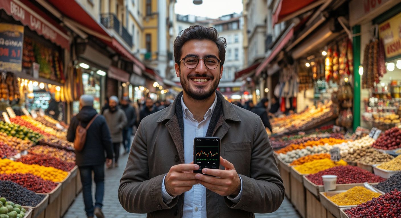 A confident Turkish investor in a bustling Istanbul bazaar smiles while holding a smartphone displaying a rising stock graph, surrounded by vibrant market stalls and the aroma of freshly brewed çay.