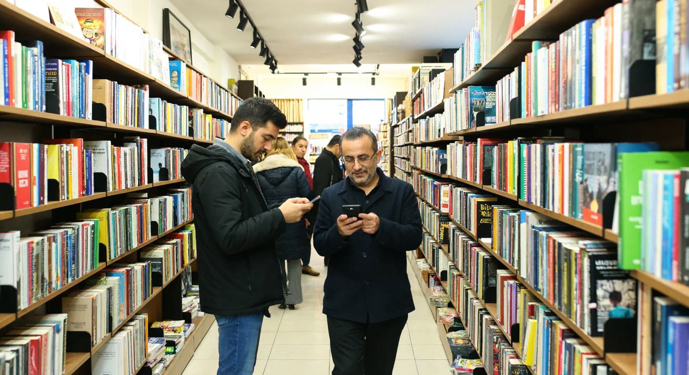 A bustling Turkish bookstore aisle with shelves stacked high with colorful books, a customer comparing prices on a handheld device, and a friendly shop assistant offering help nearby.