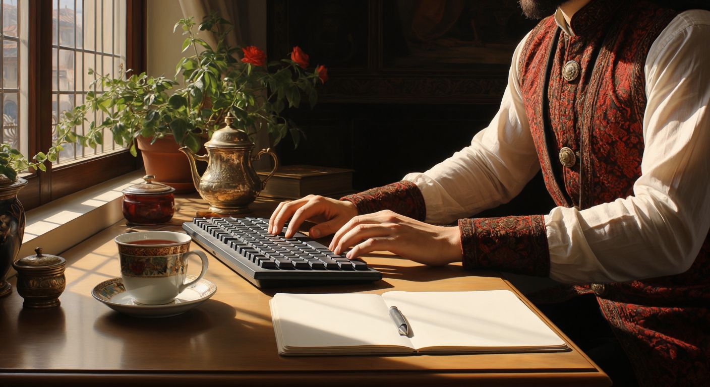 A person with straight, relaxed wrists typing on a keyboard at a desk, their forearms parallel to the floor, in a well-lit Turkish office with a cup of çay nearby.