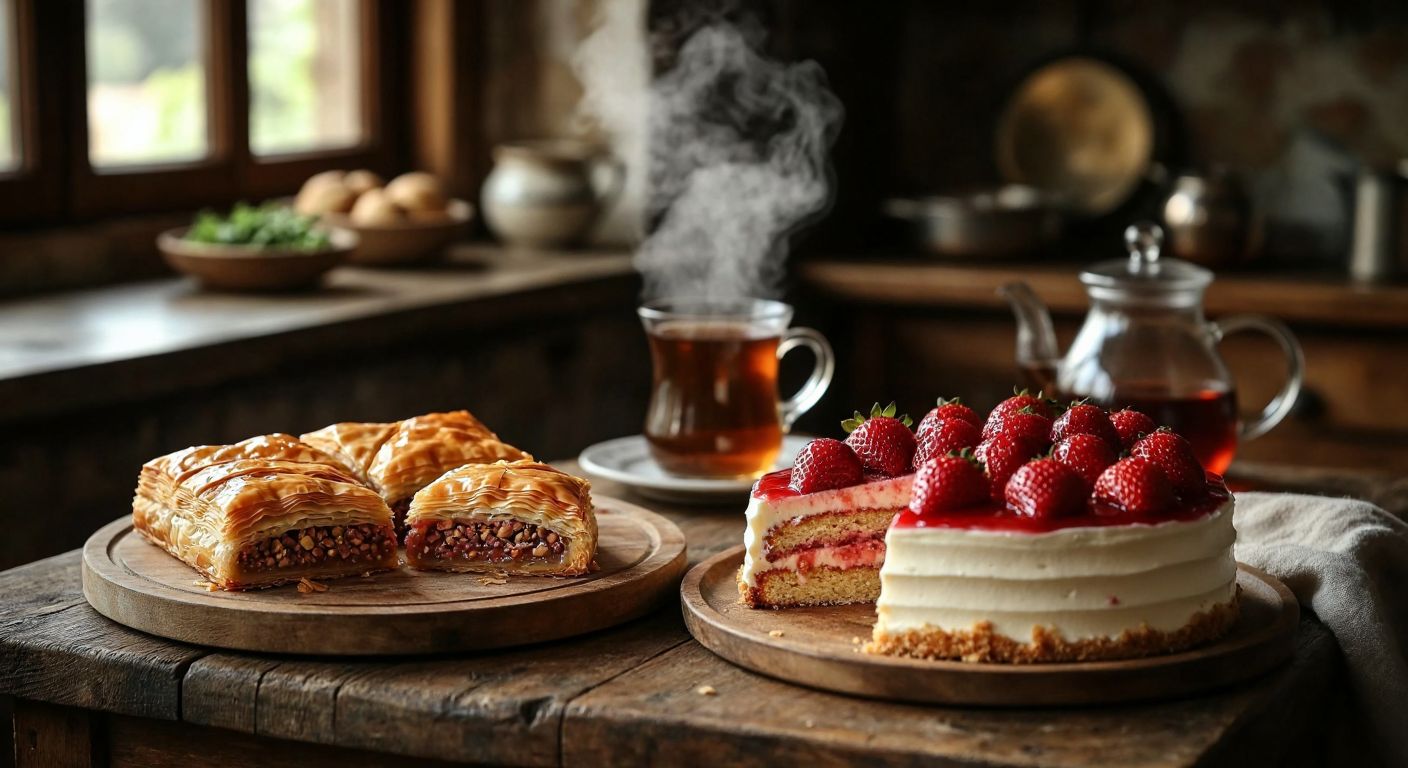 A rustic wooden table in a cozy Turkish kitchen holds a slice of flaky, golden baklava (🥧) next to a creamy strawberry-frosted cake (🍰), with steam rising from freshly brewed çay in the background.