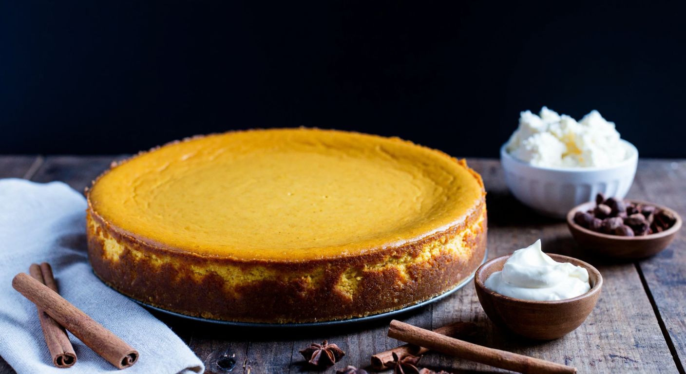 A golden-brown pumpkin cheesecake with a crumbly biscuit base sits on a rustic wooden table, surrounded by scattered ingredients like cinnamon sticks, nutmeg, and a bowl of creamy labne cheese, evoking warmth and autumnal comfort.