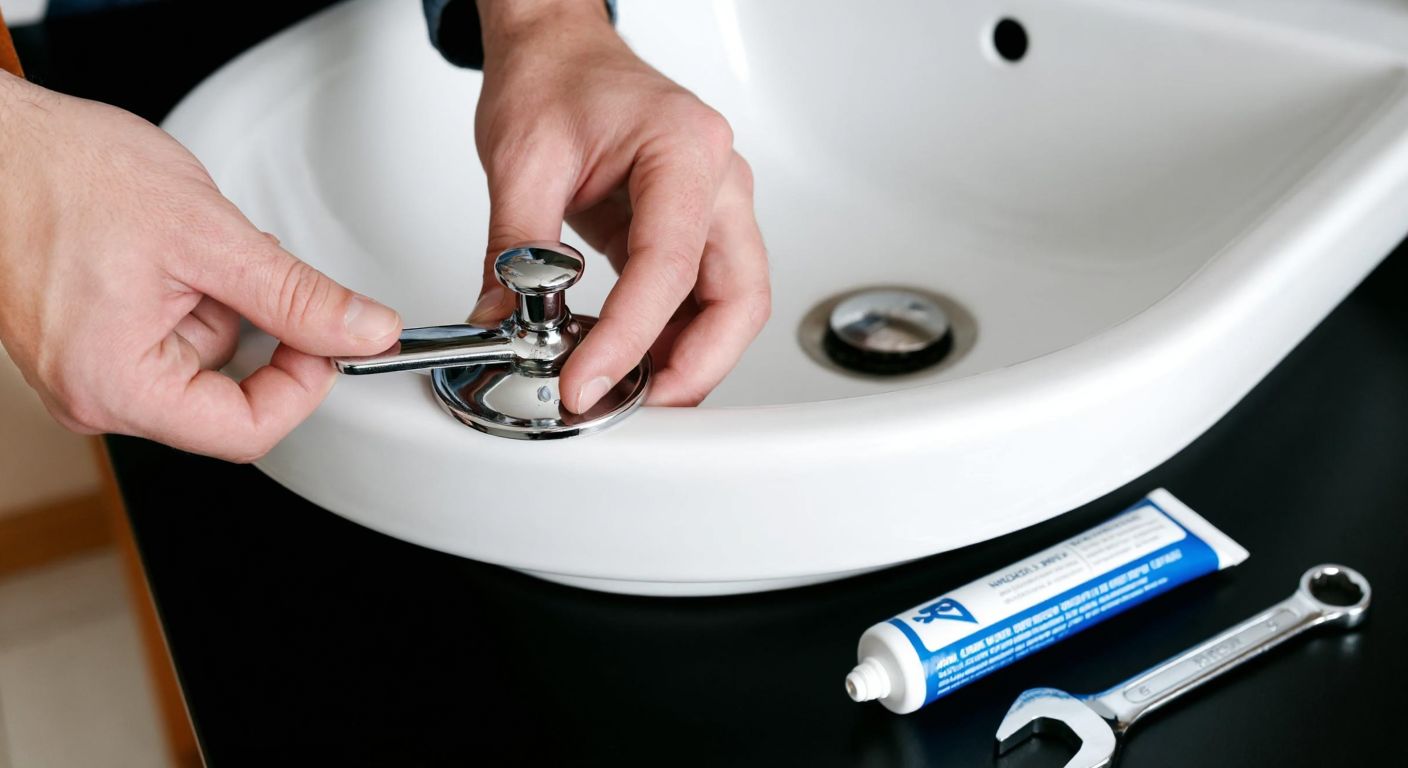 A close-up of a person's hands carefully placing a chrome sink stopper into a white ceramic bathroom sink, with a small tube of plumbing paste and a wrench resting on the counter nearby.