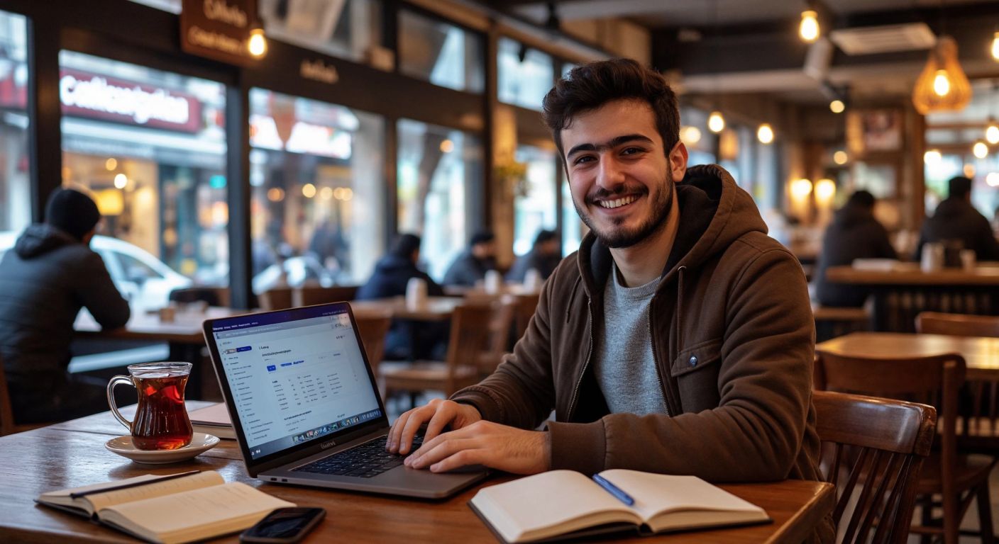A young Turkish data scientist in a cozy Istanbul café, smiling confidently while typing on a laptop with a Kaggle competition leaderboard visible on the screen, surrounded by scattered notebooks and a steaming cup of Turkish tea.