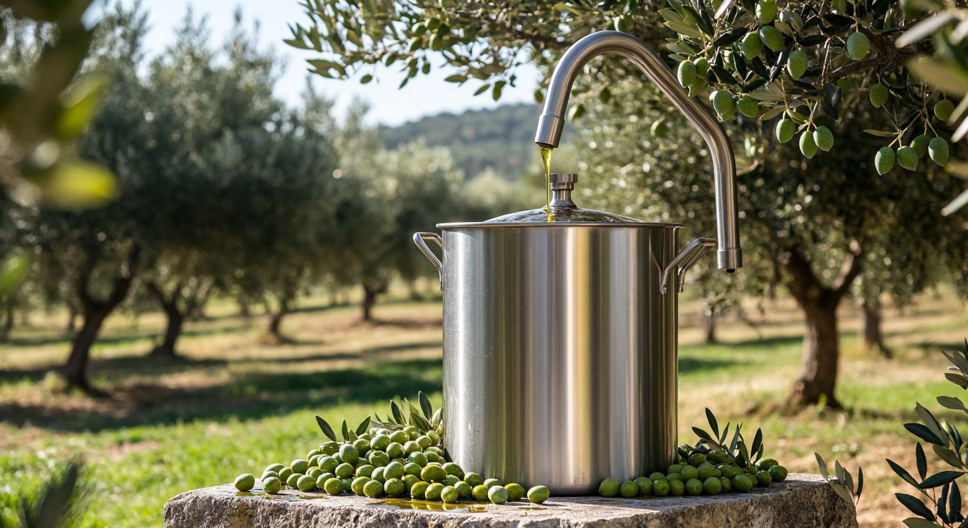 A gleaming stainless steel olive oil tank sits in a sunlit Turkish olive grove, surrounded by fresh green olives and golden oil dripping from a spout, conveying purity and tradition.