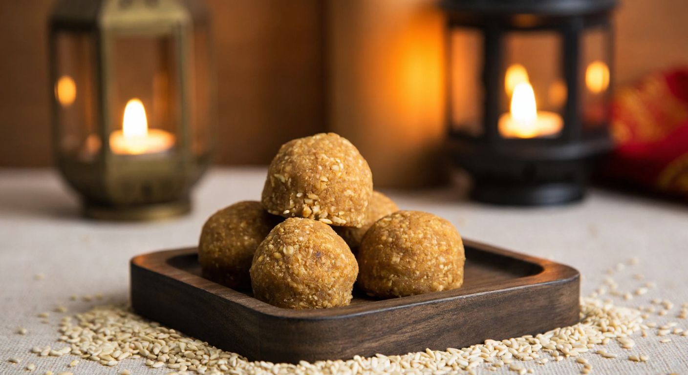 A golden-brown tahinli truffle chocolate sits on a rustic wooden tray in a cozy Turkish sweet shop, surrounded by scattered sesame seeds and a warm glow from traditional lanterns.